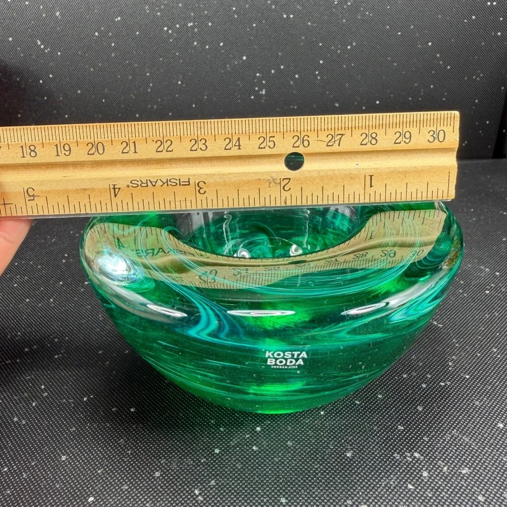 Kosta Boda Sweden Art Glass Green Swirl Votive Candle Holder Signed Heavy Base